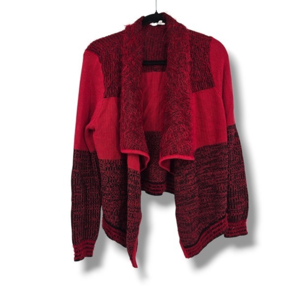 Candies Red Black Striped Textured Knit Open Front Waterfall Cardigan Sweater